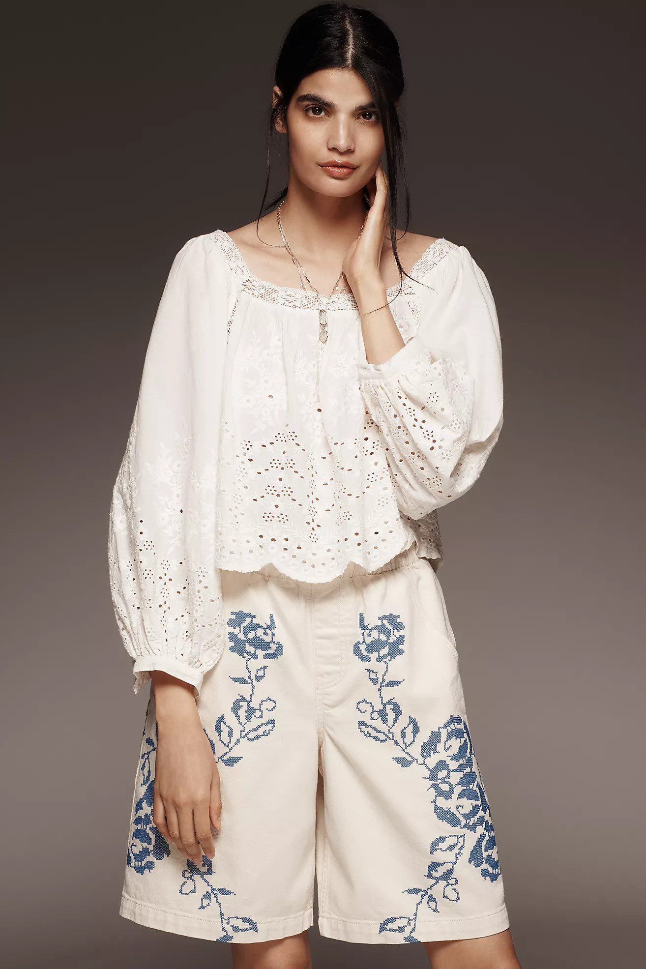 Mille Maureen Long-Sleeve Square-Neck Eyelet Blouse | Anthropologie (US)