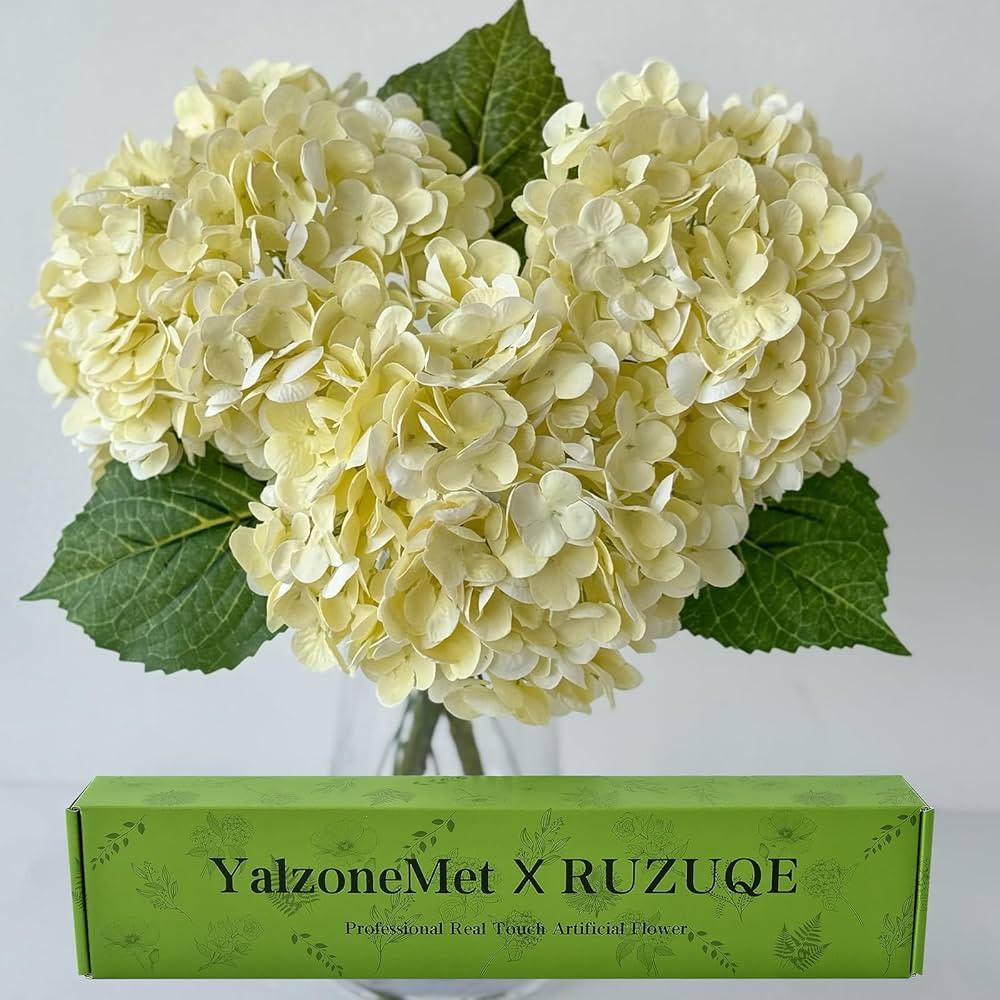 YalzoneMet 3 PCS Beige Creamy Hydrangea Artificial Flowers 21 inches Real Touch Faux Latex Hydran... | Amazon (US)