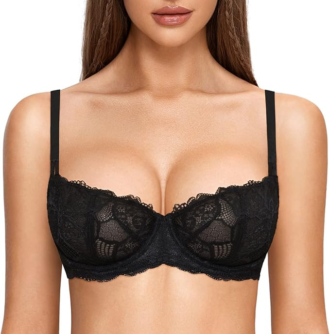 DOBREVA Women's Balconette Push Up Bra Sexy Lace Plus Size Unlined Sheer Underwire | Amazon (US)