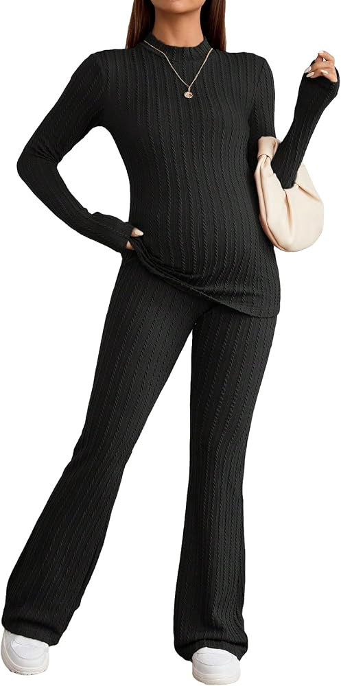 WDIRARA Women's Maternity 2 Piece Outfits Mock Neck Long Sleeve Ribbed Knit Tee and Flare Leg Pan... | Amazon (US)