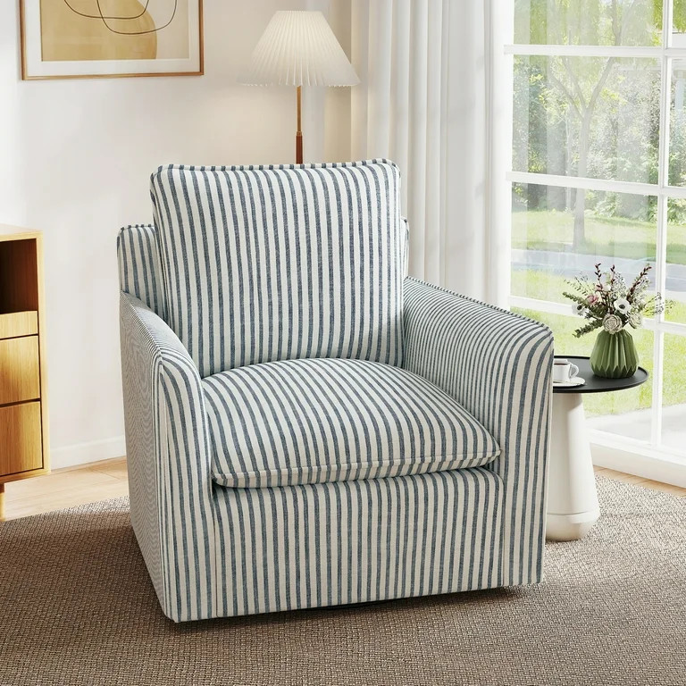 Bonzy Home 360° Swivel Chair with Thick Cushion – Blue Stripe Fabric Accent Chair for Living R... | Walmart (US)