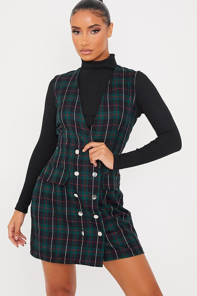 Green Woven Check Print Sleeveless Blazer Dress | ISAWITFIRST