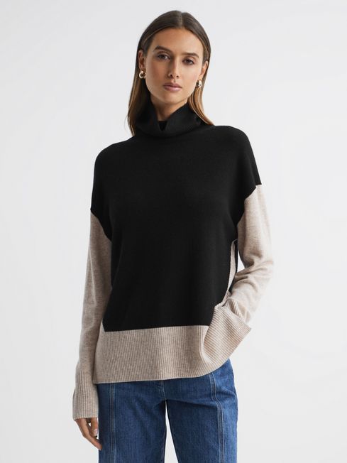 Reiss Stone/Black Alexis Wool Blend Roll Neck Jumper | Reiss US