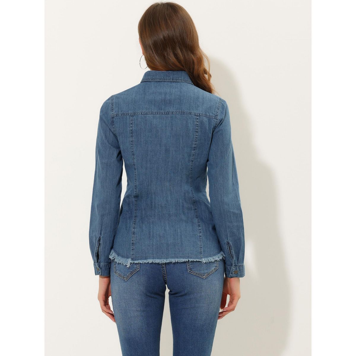 Allegra K Women's Jeans Long Sleeve Button Down Distressed Frayed Denim Shirt | Target