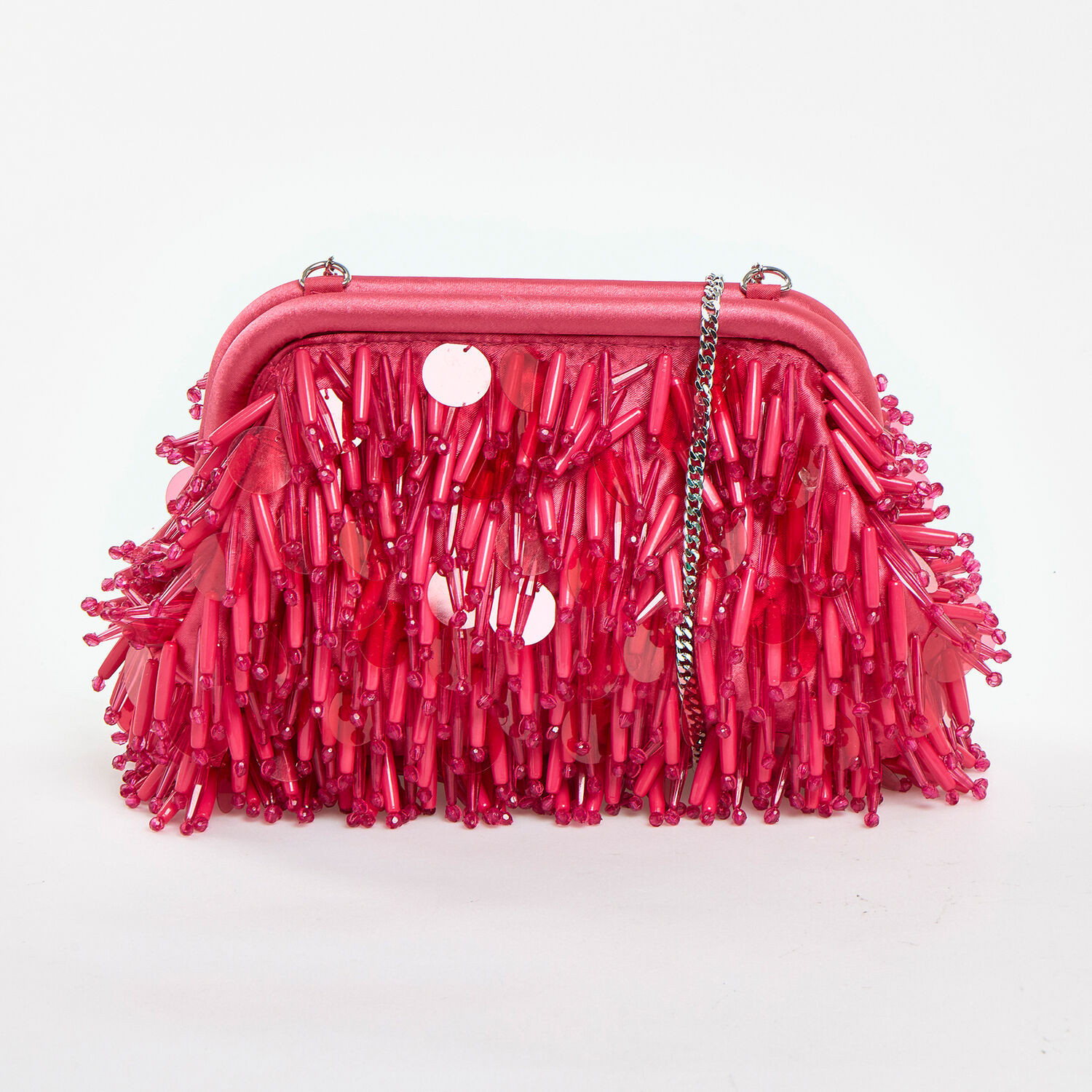 Raspberry Pink Beaded Fringe Clutch Bag | TK Maxx