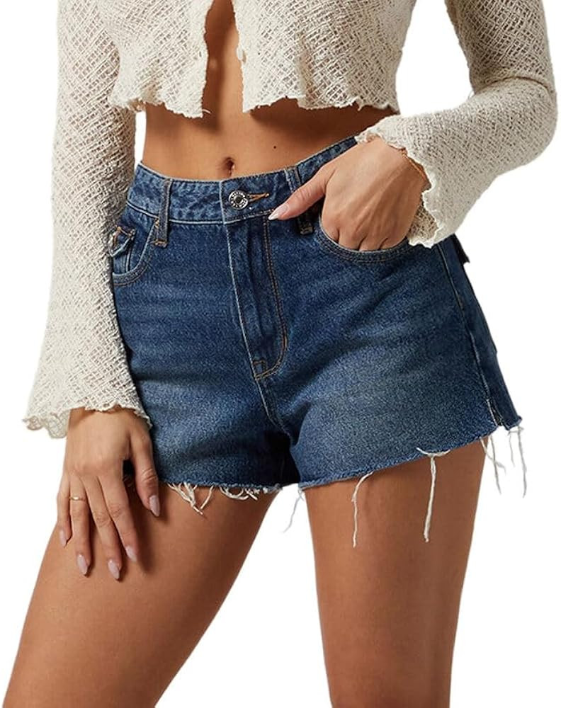 PacSun Women's Dark Indigo Button Pocket High Waisted Denim Festival Shorts | Amazon (US)