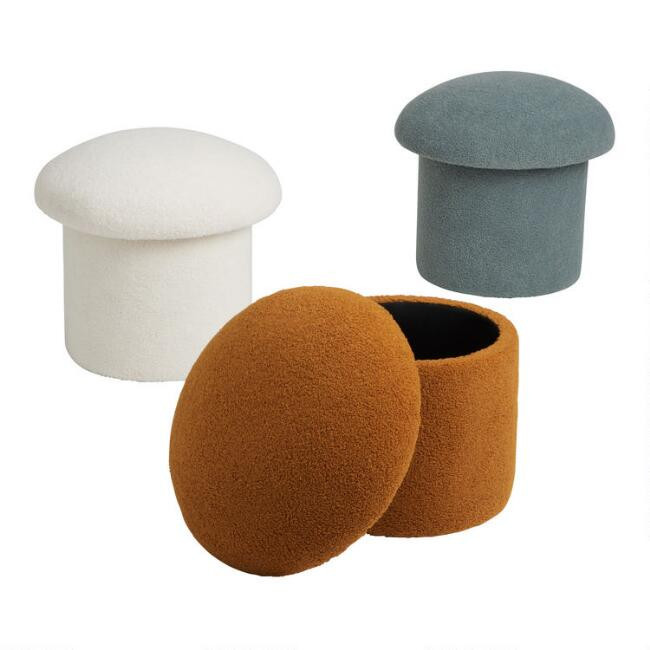 Round Faux Sherpa Mushroom Upholstered Storage Ottoman | World Market