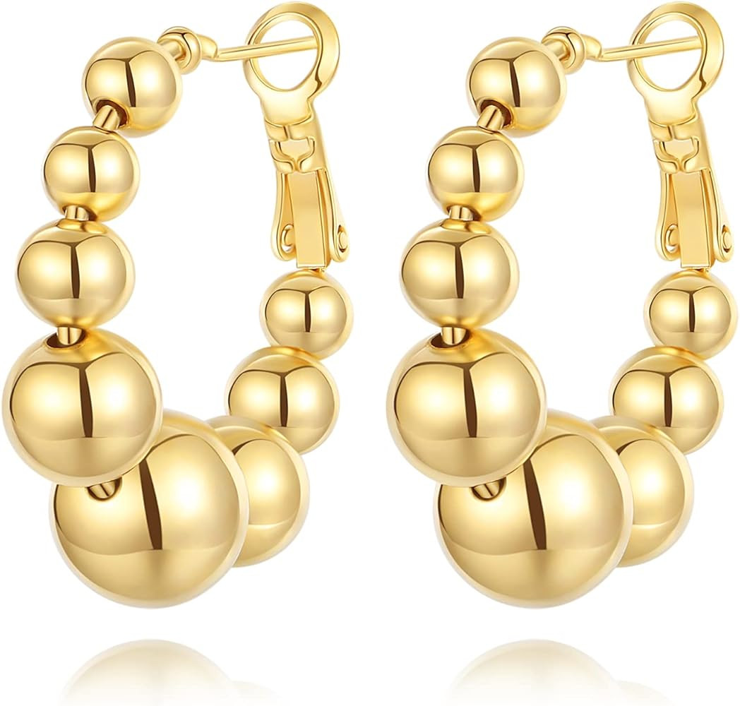 18K Gold Plated Beaded Hoop Earrings for Women, Thick Silver Ball Earrings, Women's Chunky Hoop E... | Amazon (US)