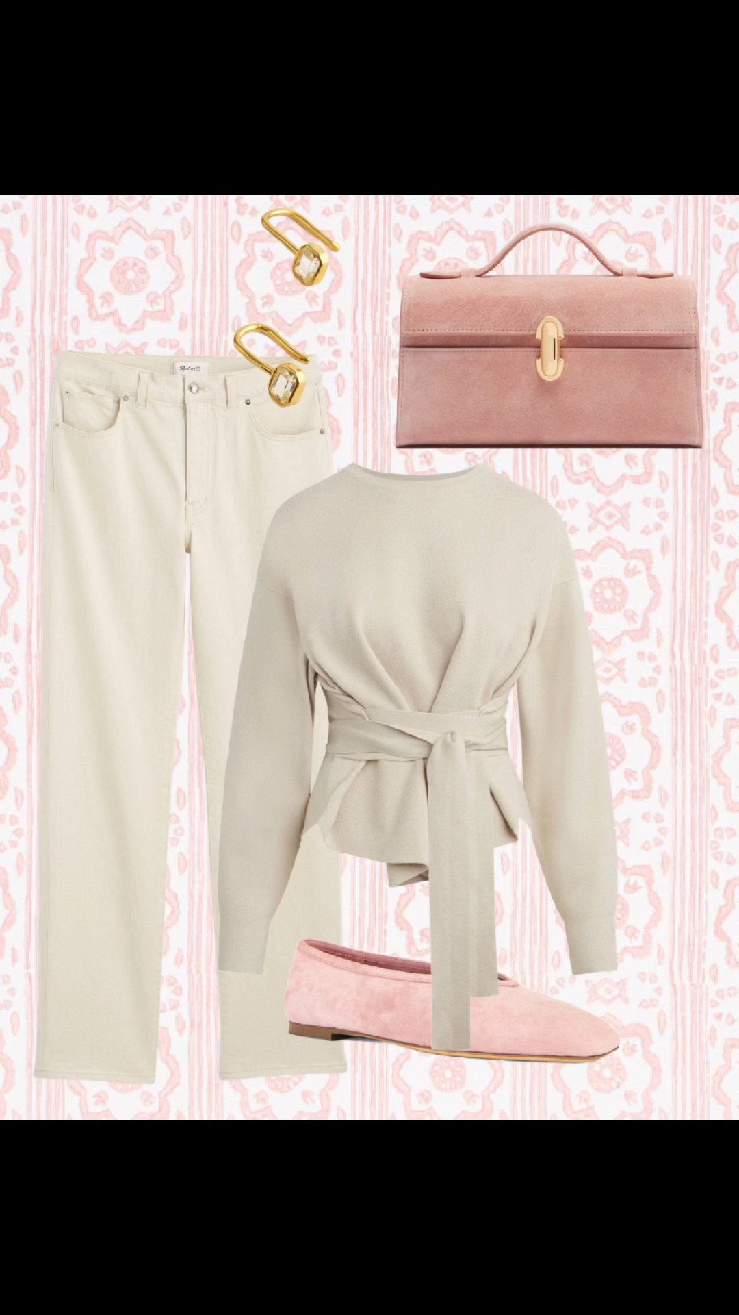 Soft neutrals with a little blush never miss. Think cream straight-leg jeans, a wrap tie knit sweater that actually flatters, pink suede ballet flats, and a structured blush top handle bag to pull it all together.

#LTKootd