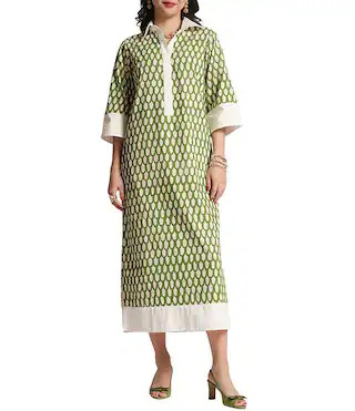 Cotton Poplin Loop Geometric Print Point Collar 3/4 Sleeve Midi Dress | Dillard's