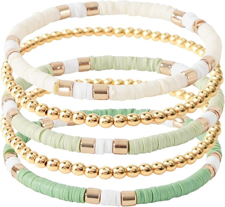 GOOJIDS Surfer Heishi Clay Bead Bracelets for Women Bohemian Stackable Gold Plated Beaded Stretch... | Amazon (US)