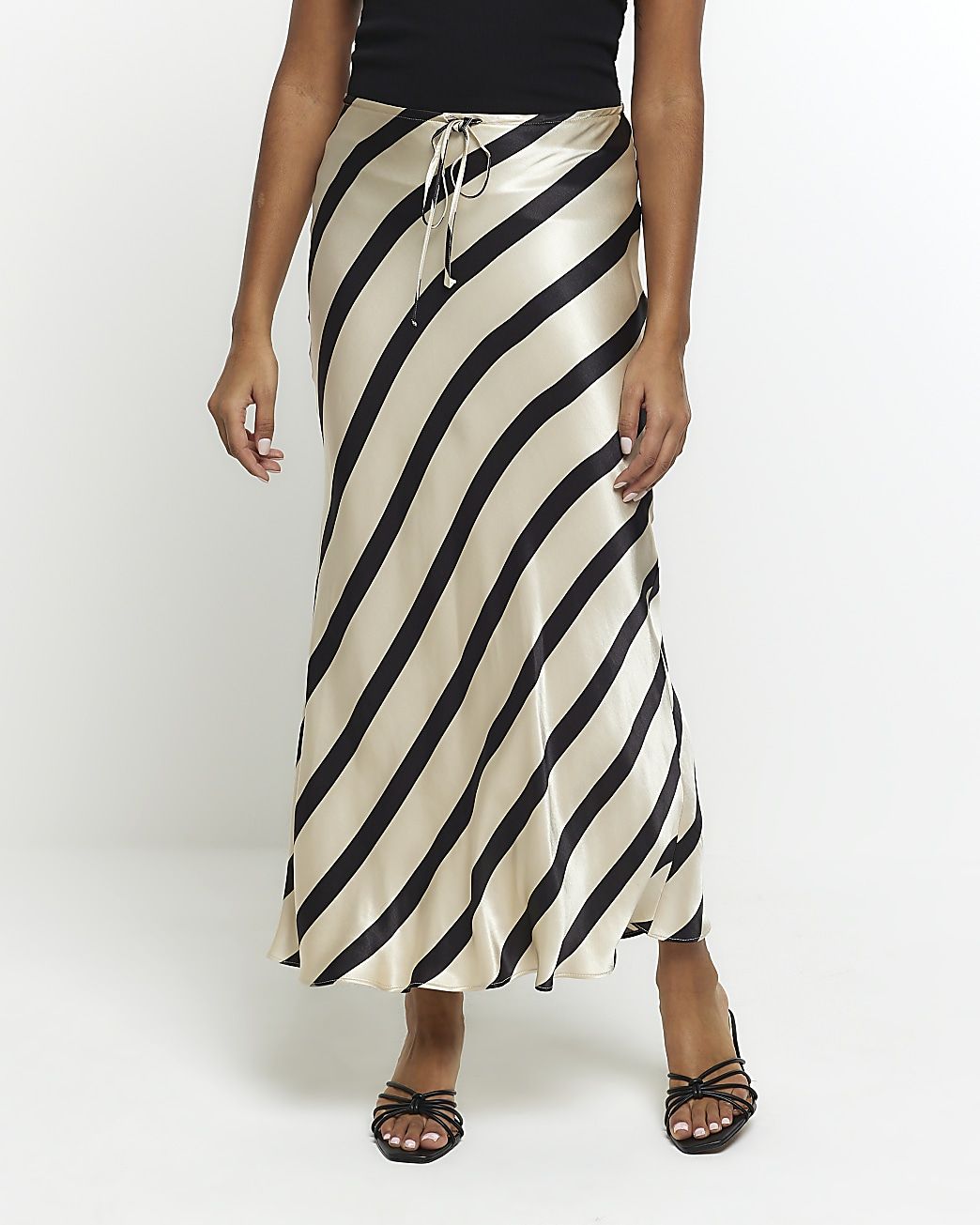 Black satin stripe midi skirt | River Island (UK & IE)