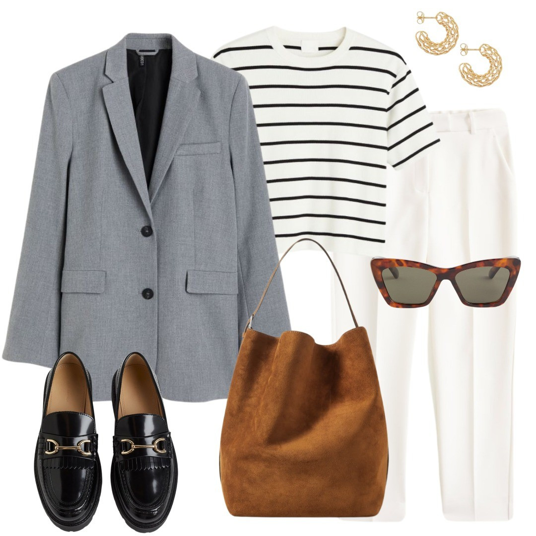 Grey blazer styling, striped t-shirt, loafers, white trousers, white pants, office pants, Tote bag, Toteme 

#LTKfindsunder100 #LTKworkwear #LTKshoecrush