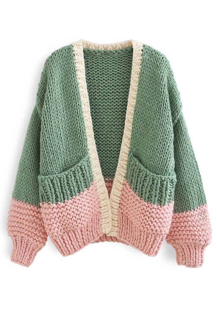 Color Blocked Hand-Knit Chunky Cardigan in Green | Chicwish