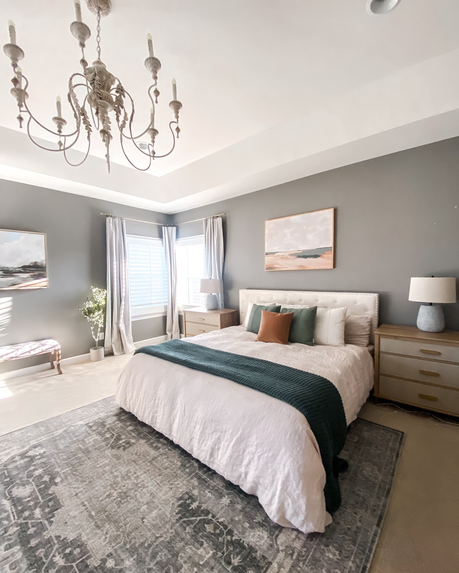 Primary Bedroom Furniture & Decor
Transitional Style Bedroom
Linen Duvet Cover & Sheets Bundle (color is sand)
I also linked the duvet & sheets individually, if you don’t want the whole set.
Cream Tufted Upholstered Bed (king size)
Grey-Green Oriental rug (my size is 9x12 for large room)
Linen Blackout Curtains (color is beige)

Wall art over bed: World Market
Throw pillows: World Market
Night stands: sold out (linked similar)
Other wall art: Hobby Lobbyy

#LTKhome #LTKstyletip