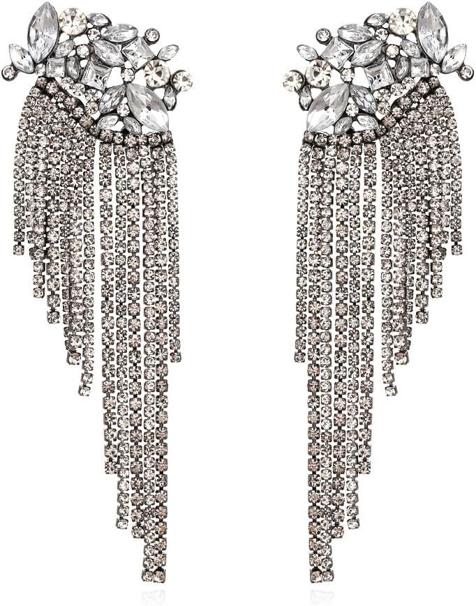 LOVE&CLOVER Black Long Tassel Sparkling Rhinestone Dangle Drop Dangling Chandelier Earrings for W... | Amazon (US)