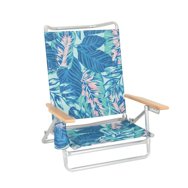 Mainstays Wood Arm Reclining Lay-Flat Beach Chair, Green Palm - Walmart.com | Walmart (US)