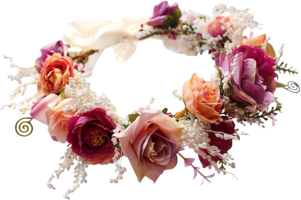Vivivalue Women Floral Crown Rose Flower Headband Hair Wreath Floral Headpiece Halo Boho with Rib... | Amazon (US)