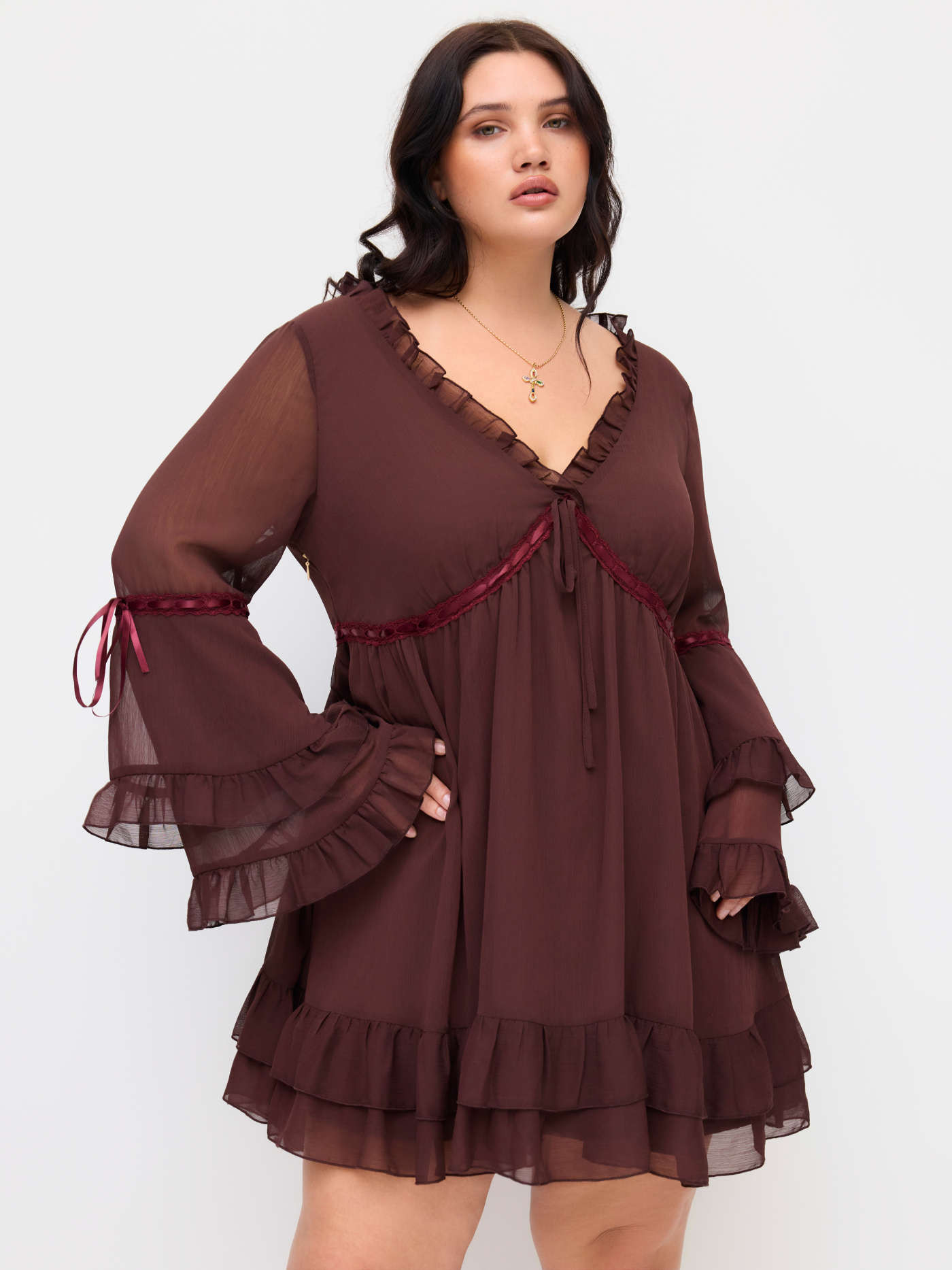 Chiffon Chiffon V-neck Lettuce Trim Bowknot Ruffle Mini Dress Curve & Plus For Daily Casual Date | Cider