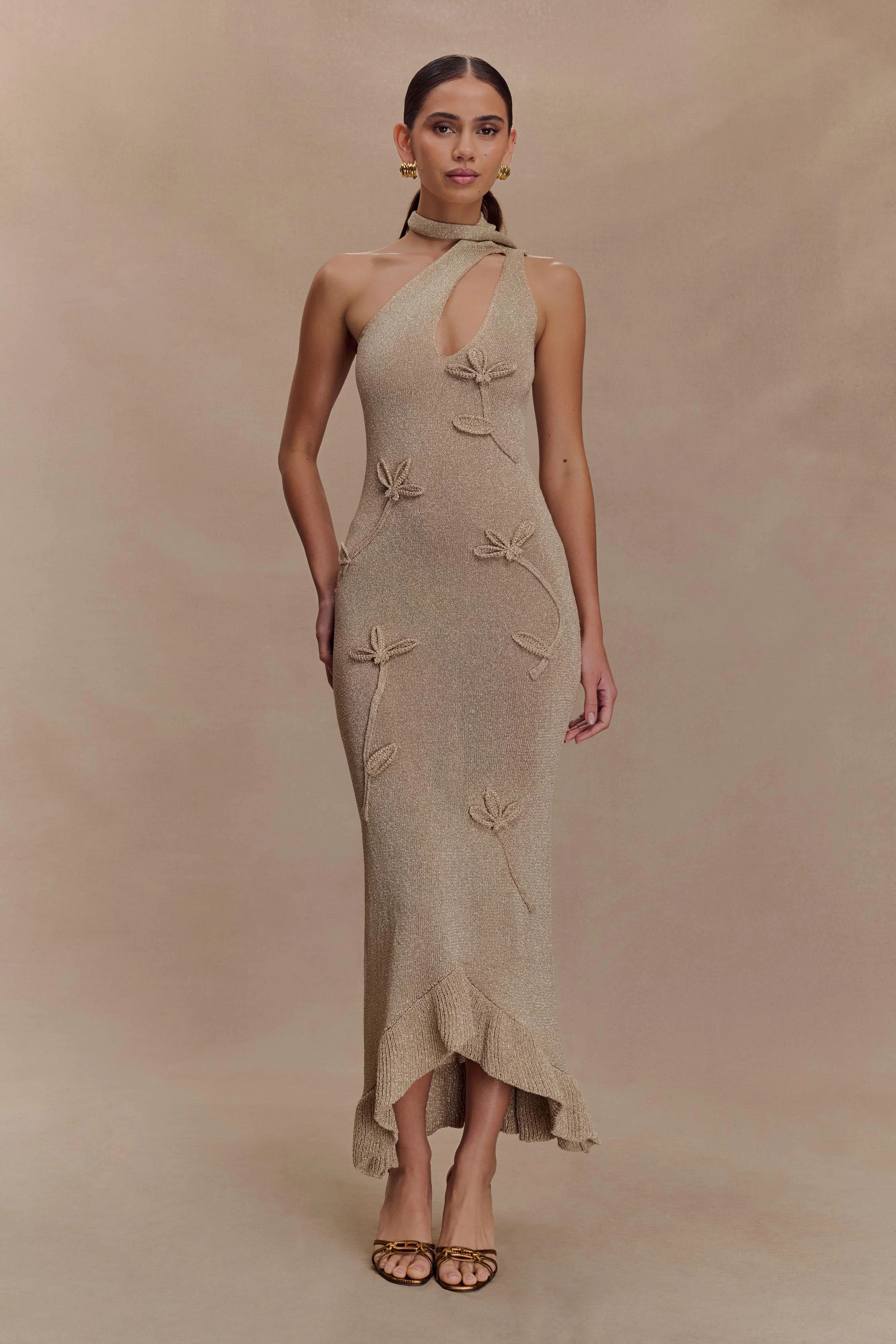 Floral Metallic Knit Maxi Dress - Gold | MESHKI US