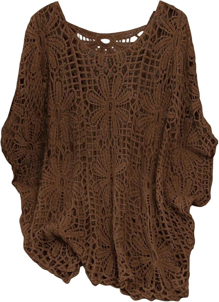 MakeMeChic Women's Plus Size Boho Tops Crochet Sweater Dolman Sleeve Beach Cover Up | Amazon (US)