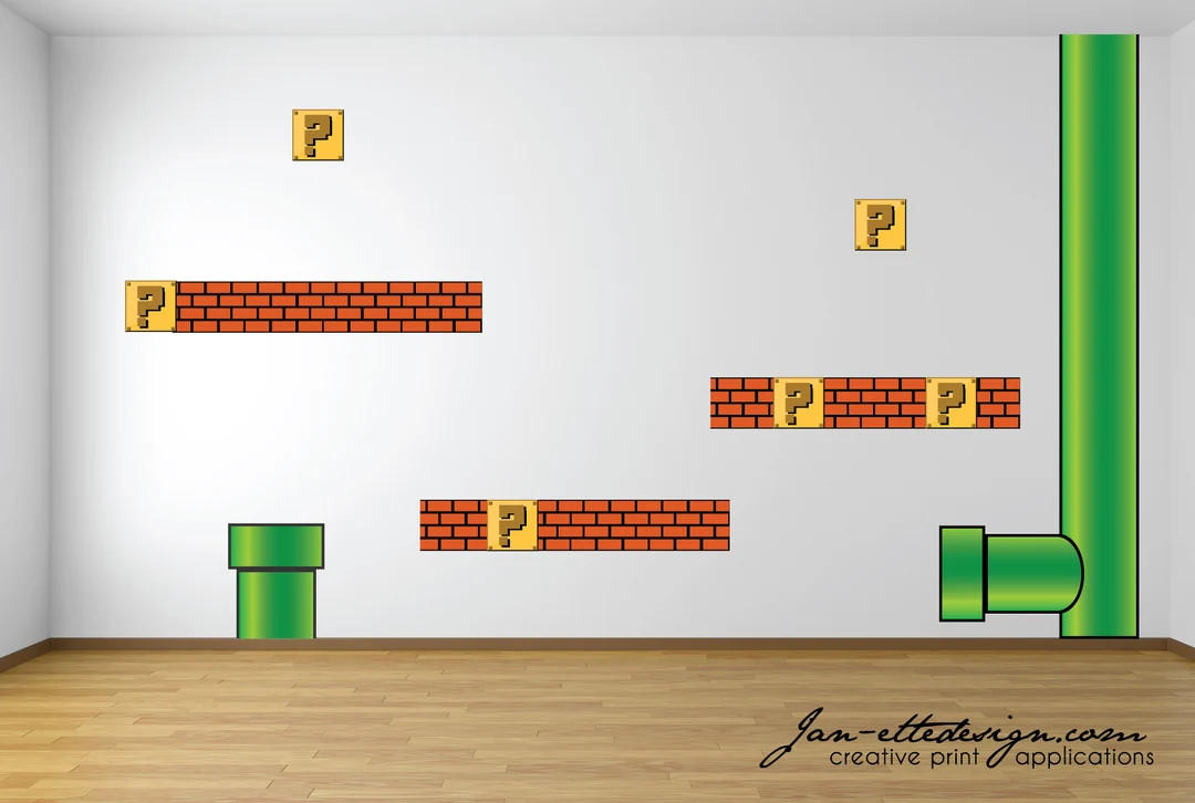 Gaming Wall Decor,Removable Fabric Wall Decals,Video Game Bricks and Tunnels, Question blocks and... | Etsy (US)