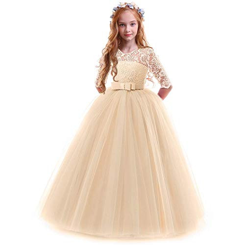 Spring Flower Girl Wedding Bridesmaid 3/4 Sleeves Kids Floral Lace Pageant Communion Princess Dress Prom Evening Dance Gown Champagne 11-12 Years | Amazon (US)