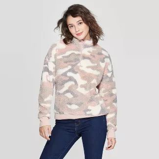 Women's Camo Print Long Sleeve 1/4 Zip Sherpa Sweatshirt - Grayson Threads (Juniors') - Pink | Target
