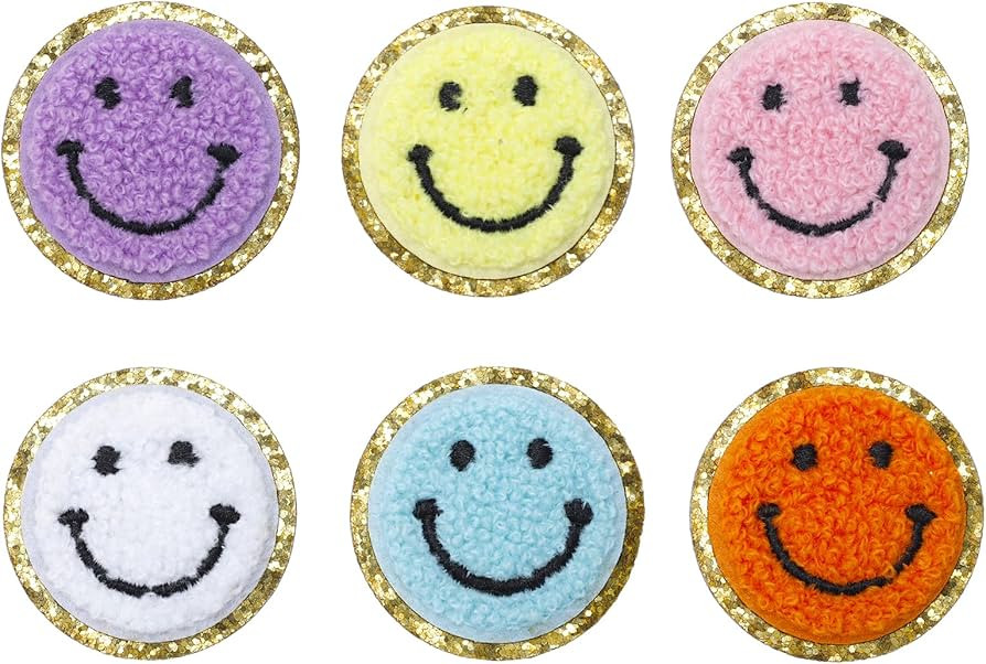 Embroidered Patches Colorful Smile Face Self Adhesive Chenille Gold Glitters Sticker Sew on for C... | Amazon (US)