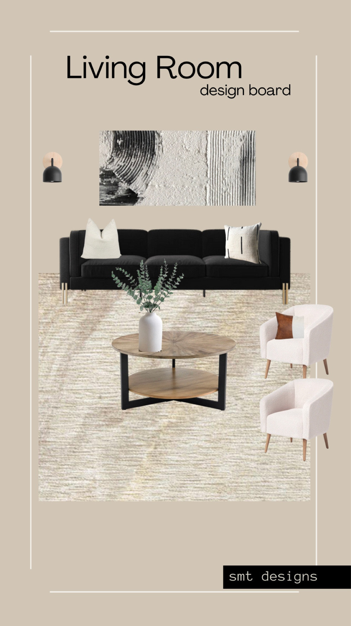 A modern, minimalist organic living room design, featuring black and white plaster art, a black couch, white Sherpa chairs, a washable ruggable rug, sconces and a round wood coffee table  

#LTKunder100 #LTKhome #LTKSeasonal