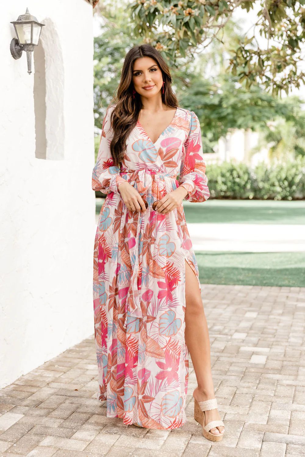 My Dearest Darling Maxi Dress in Palm Beach White Tropical Print | Pink Lily