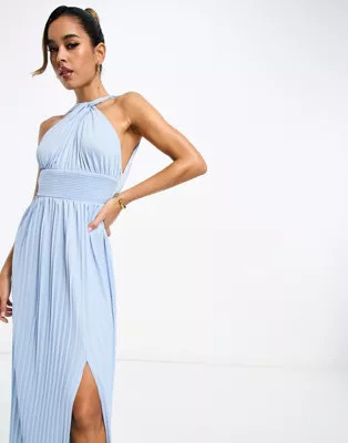 ASOS DESIGN halter neck Grecian pleated skirt maxi dress in pastel blue | ASOS (Global)