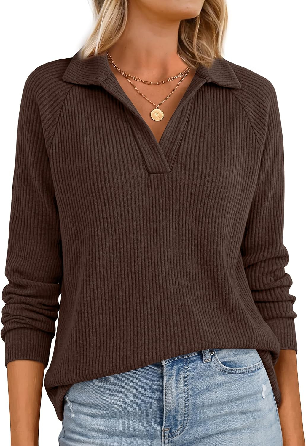 OFEEFAN Long Sleeve Tops for Women V Neck Polo Shirt Fall Clothes Fashion | Amazon (US)
