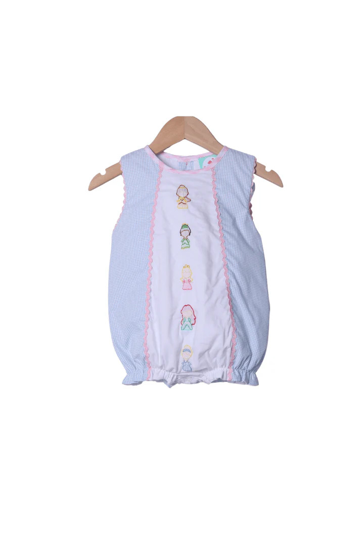 Shadow Embroidery Princess Blue Gingham Bow Bubble | The Smocked Flamingo