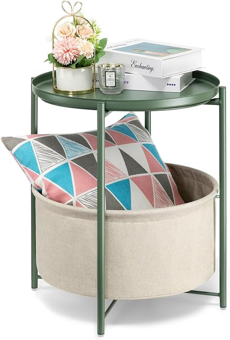 danpinera Round Side Table with Fabric Storage Basket, Metal Side Table Small Bedside Nightstand ... | Amazon (US)