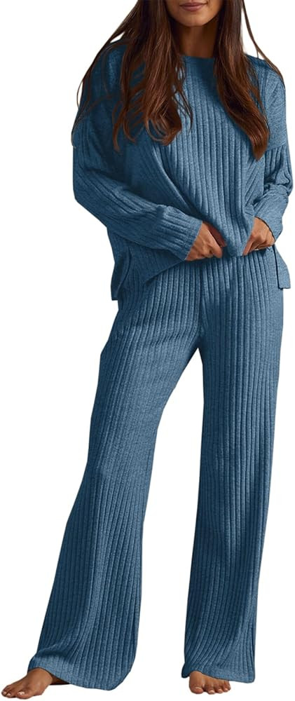 Fisoew Womens 2 piece Lounge Sets Ribbed Knit Long Sleeve Pullover Tops Wide Leg Pants Matching S... | Amazon (US)