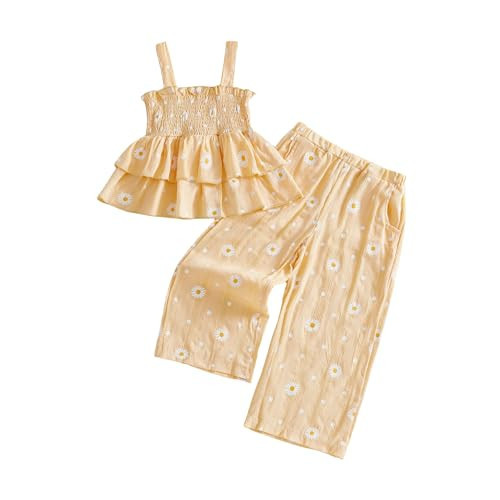 Hibabying Toddler Baby Girl Clothes Sleeveless Smocked Ruffle Tank Tops and Long Pants Summer Little Girls Outfits (Yellow Daisy, 18-24 Months) | Amazon (US)