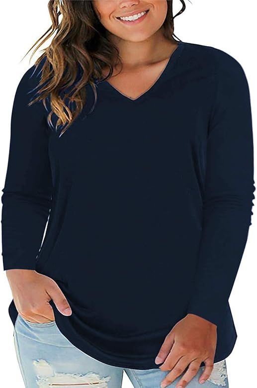 Women's Plus Size Long Sleeve Tee Tops V Neck T Shirts Solid Color Blouse Tunics | Amazon (US)