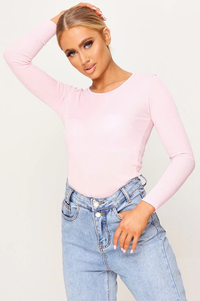 Baby Pink Ribbed Long Sleeve Bodysuit | ISAWITFIRST