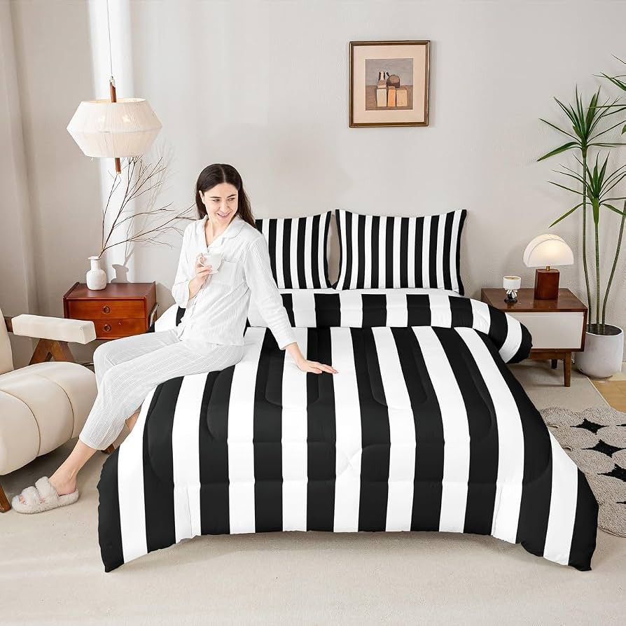 Erosebridal Black and White Striped Twin Comforter Set (Pink Reversible) | Striped Bedding Set Pi... | Amazon (US)