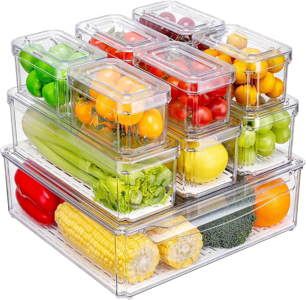 10 Pack Fridge Organizer, Stackable Refrigerator Organizer Bins with Lids, BPA-Free Produce Fruit... | Amazon (US)