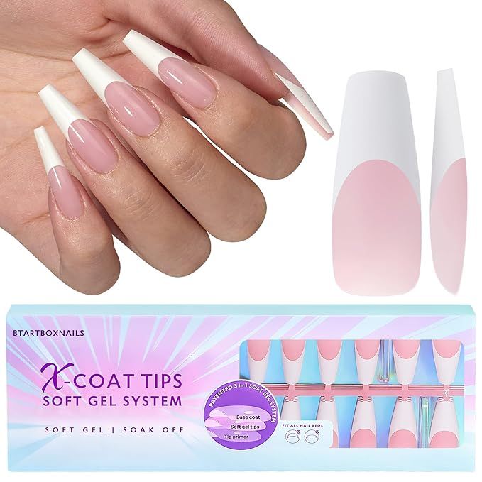 BTArtboxnails French Gel Nail Tips - French Tip Press on Nails Pink Extra Long Coffin XCOATTIPS P... | Amazon (US)