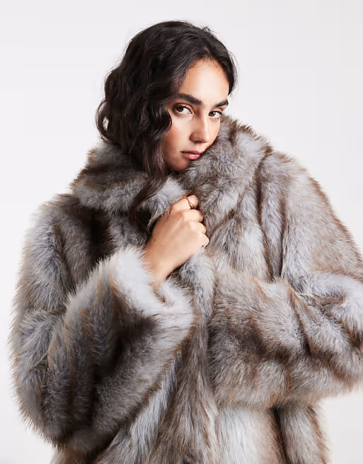 ASOS DESIGN tipped faux fur coat in blue and brown | ASOS (Global)