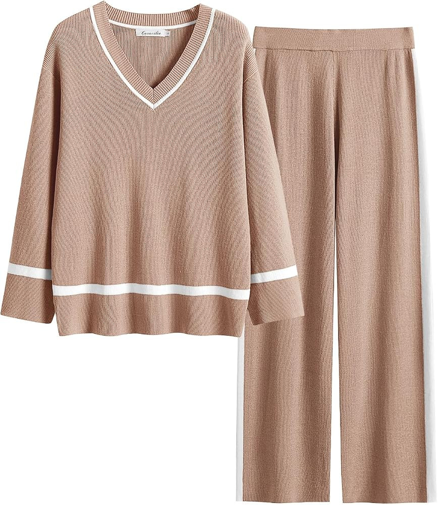 Caracilia Women's 2 Piece Outfits V Neck Long Sleeve Knit Sweater Set Fashion 2023 Lounge Matchin... | Amazon (US)