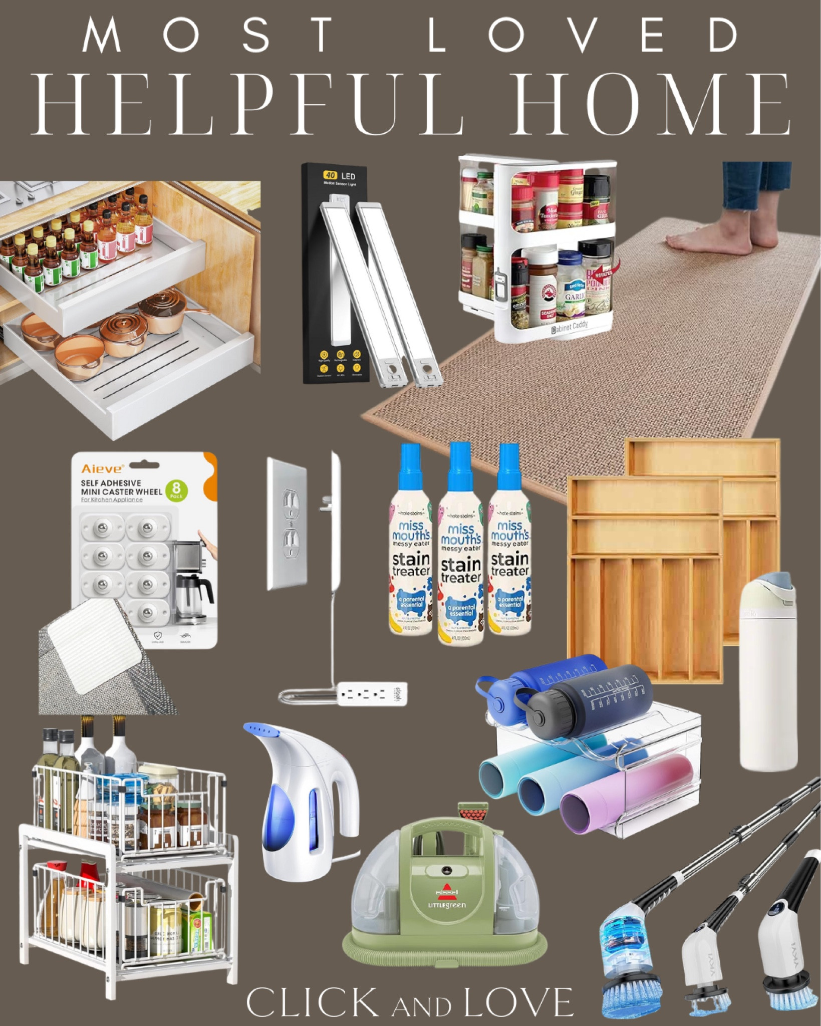Most Loved helpful home products! I own almost all of these products and they are perfect for storage, organization, cleaning and more. Home essentials that make life a little easier.

home organization, cabinet organizer, kitchen organizing, cleaning tools, storage water bottle, water bottle organizer, drawer organizer, rug grips, rug grippers, tray divider, Amazon, Amazon home, Amazon must haves, Amazon finds, amazon favorites, bathroom storage, kitchen storage, sleek socket, cleaning solutions, laundry favorites, non toxic laundry spray, scrubber, appliance wheels, lights, under cabinet lighting, rechargeable lights, battery powered lights, bissell, upholstery cleaner, steamer, non skid rug, runner, kitchen runner, under sink storage



#LTKFamily #LTKStyleTip #LTKHome