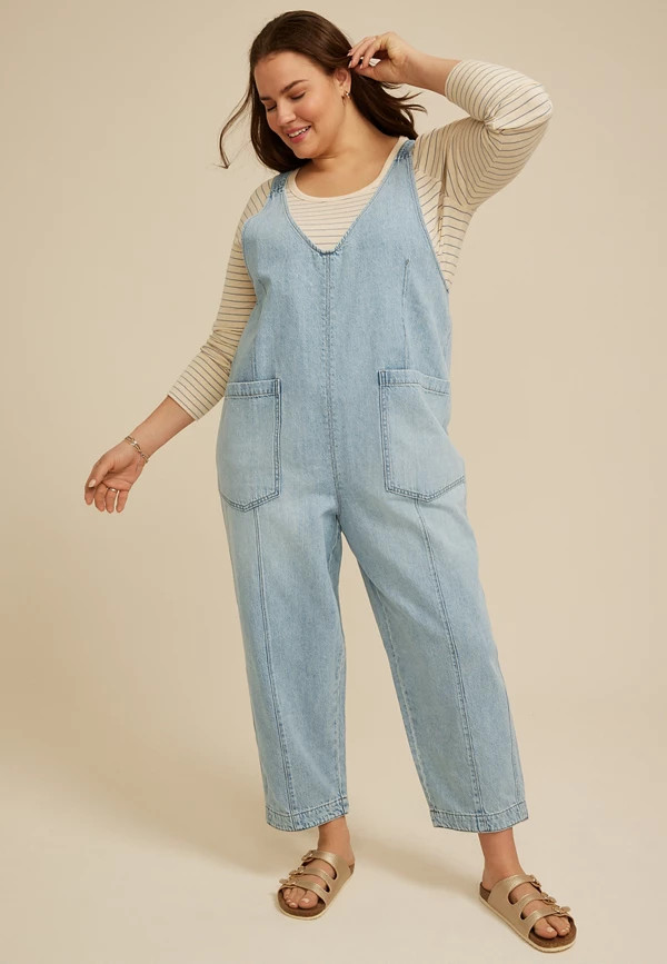 Plus Size Scoop Neck Denim Overalls | Maurices