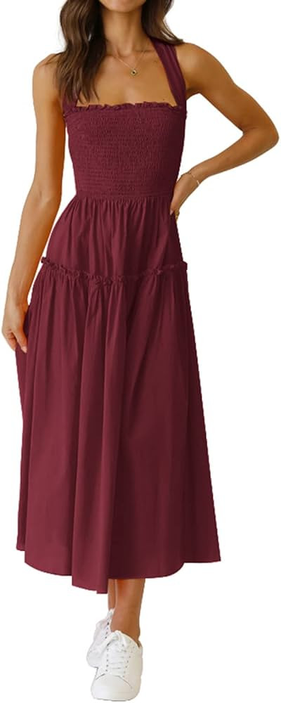PRETTYGARDEN Women's Summer Maxi Dress Halter Neck Backless Ruffle Smocked Casual Long Flowy Boho Dr | Amazon (US)