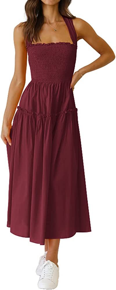 PRETTYGARDEN Women's Summer Maxi Dress Halter Neck Backless Ruffle Smocked Casual Long Flowy Boho Dr | Amazon (US)