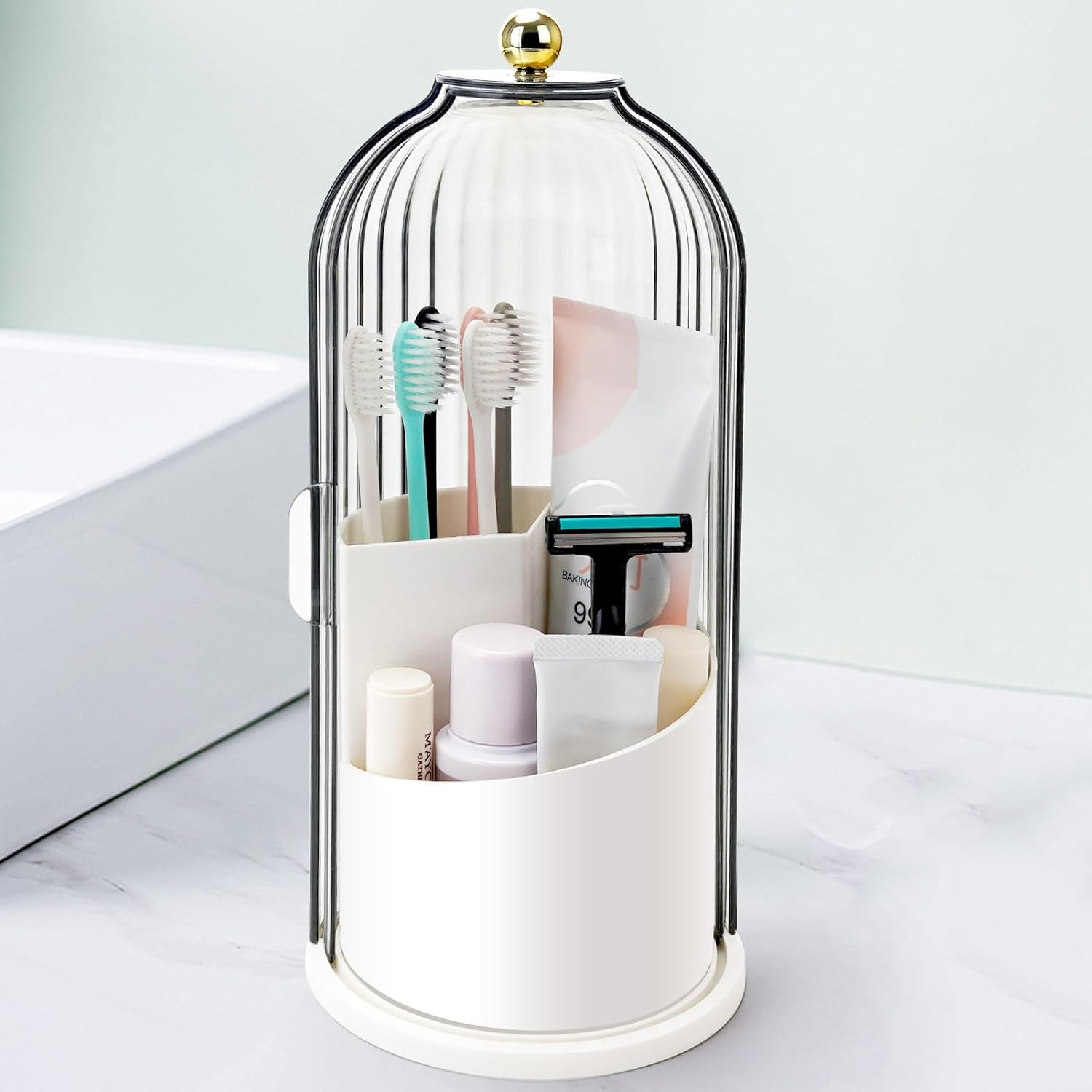 QIYVLOS Toothbrush Holders with Sliding Lid, Rotating 3 Slots Bathroom Organizer Countertop, Toot... | Amazon (US)