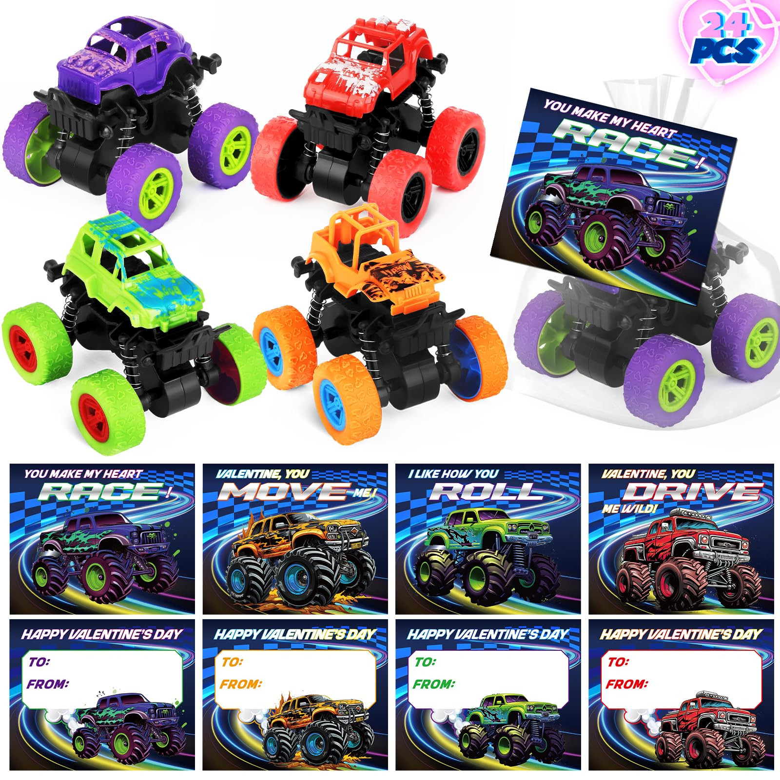 Valentines Day Cards for Kids, 24 Pack Monster Truck Toys with Valentine Cards for Valentine Scho... | Amazon (US)